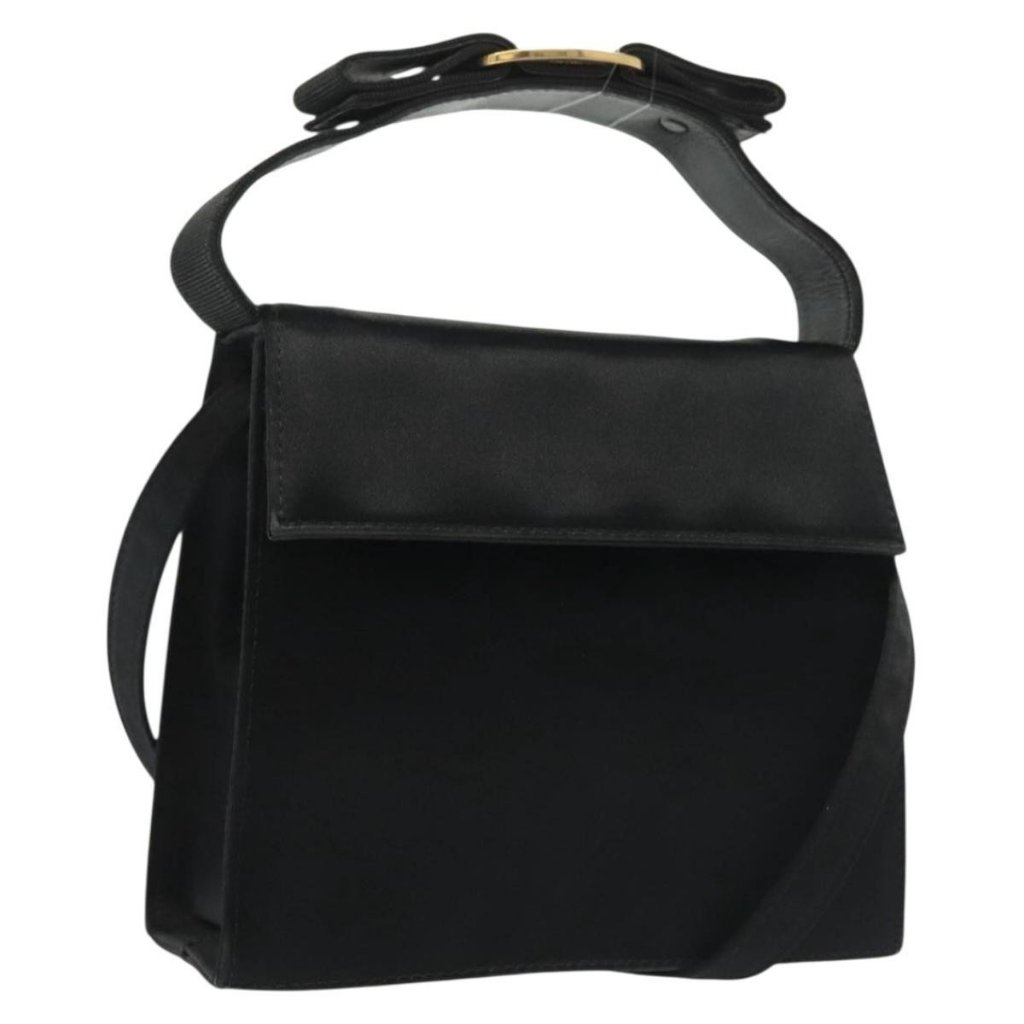 Authentic Salvatore Ferragamo Vala Shoulder Bag Satin Black Gold